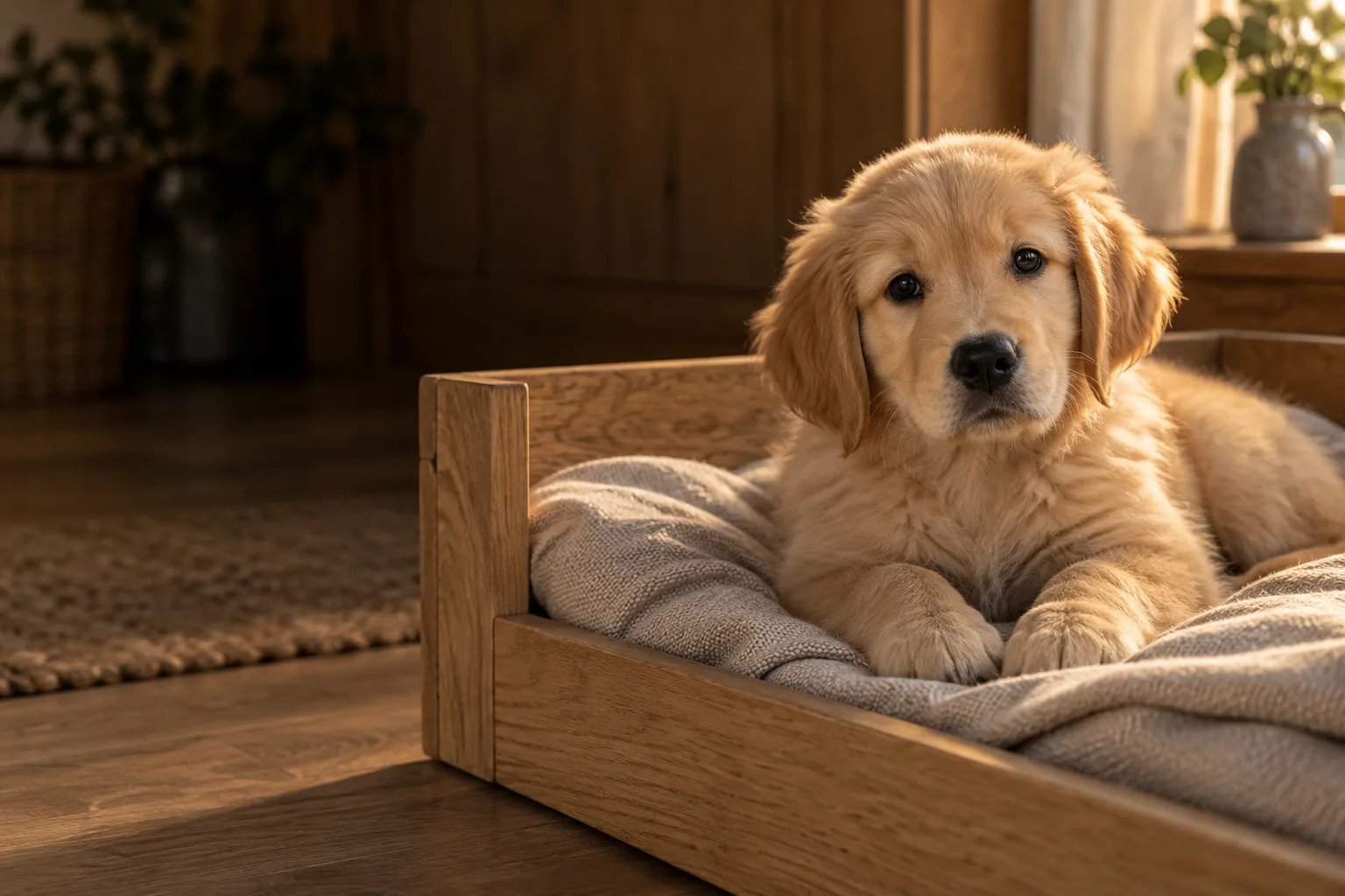 Golden Retriever puppy resting on linen in an oak whelping box at dawn